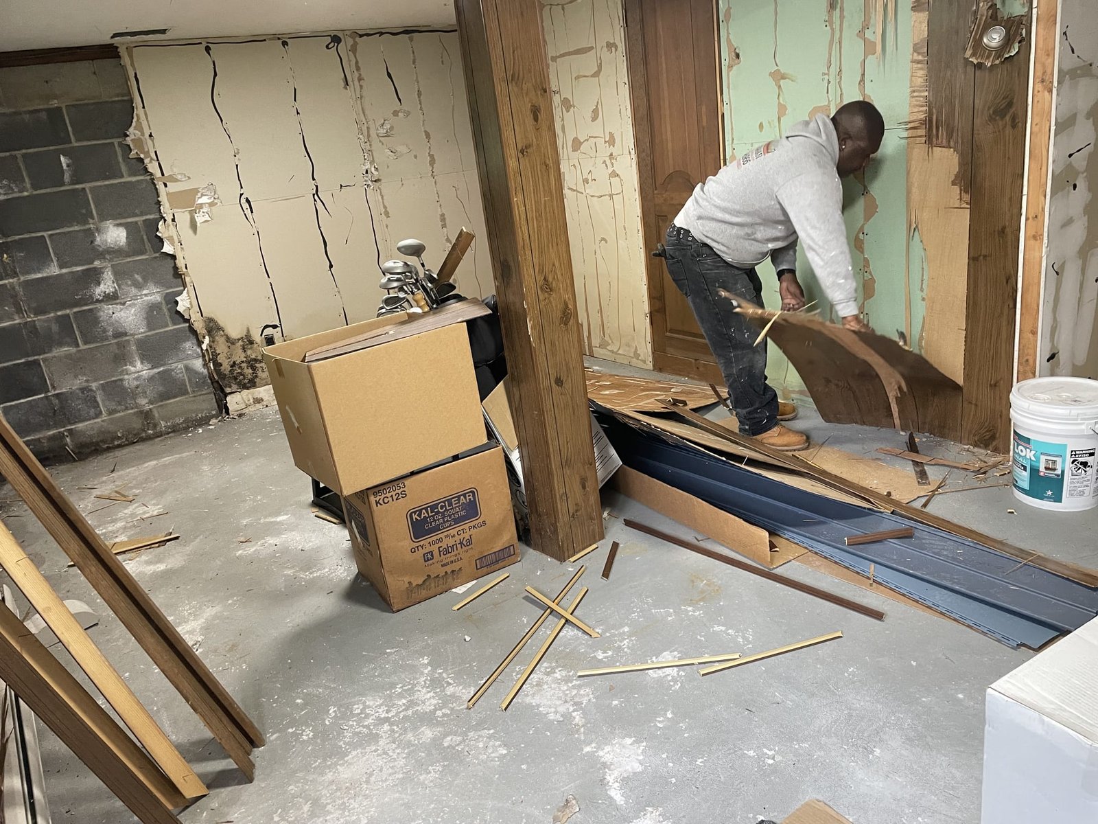 Basement demo showing moldy drywall removed and studs exposed